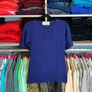 Vintage 70’s Sweater Bee blue short sleeve knitted scoop neck sweater size S​